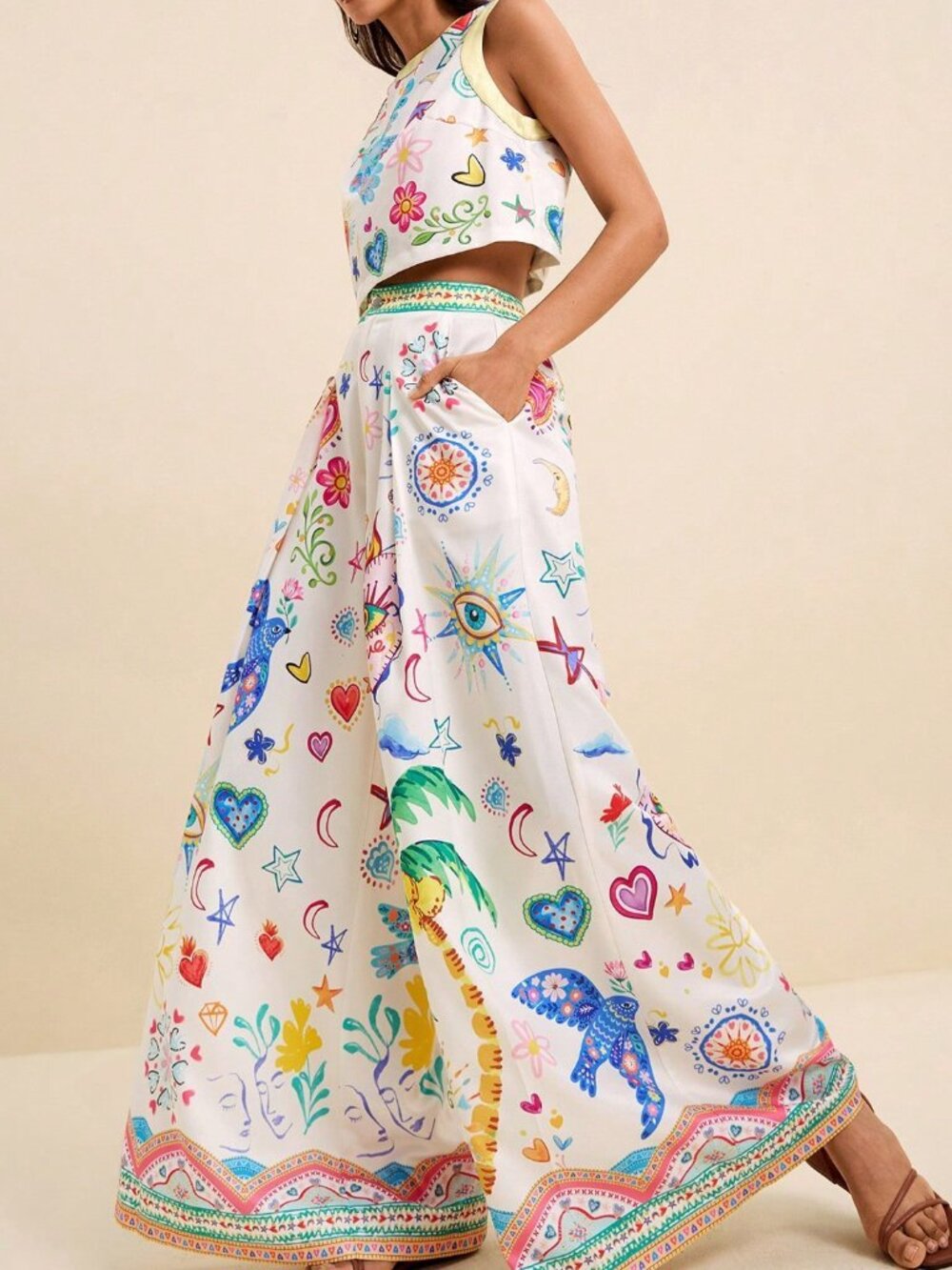 Multicolor Boho Women's Tropical Print Crop Top & Wide Leg Pants 2-Piece Set - Picture 8 of 9